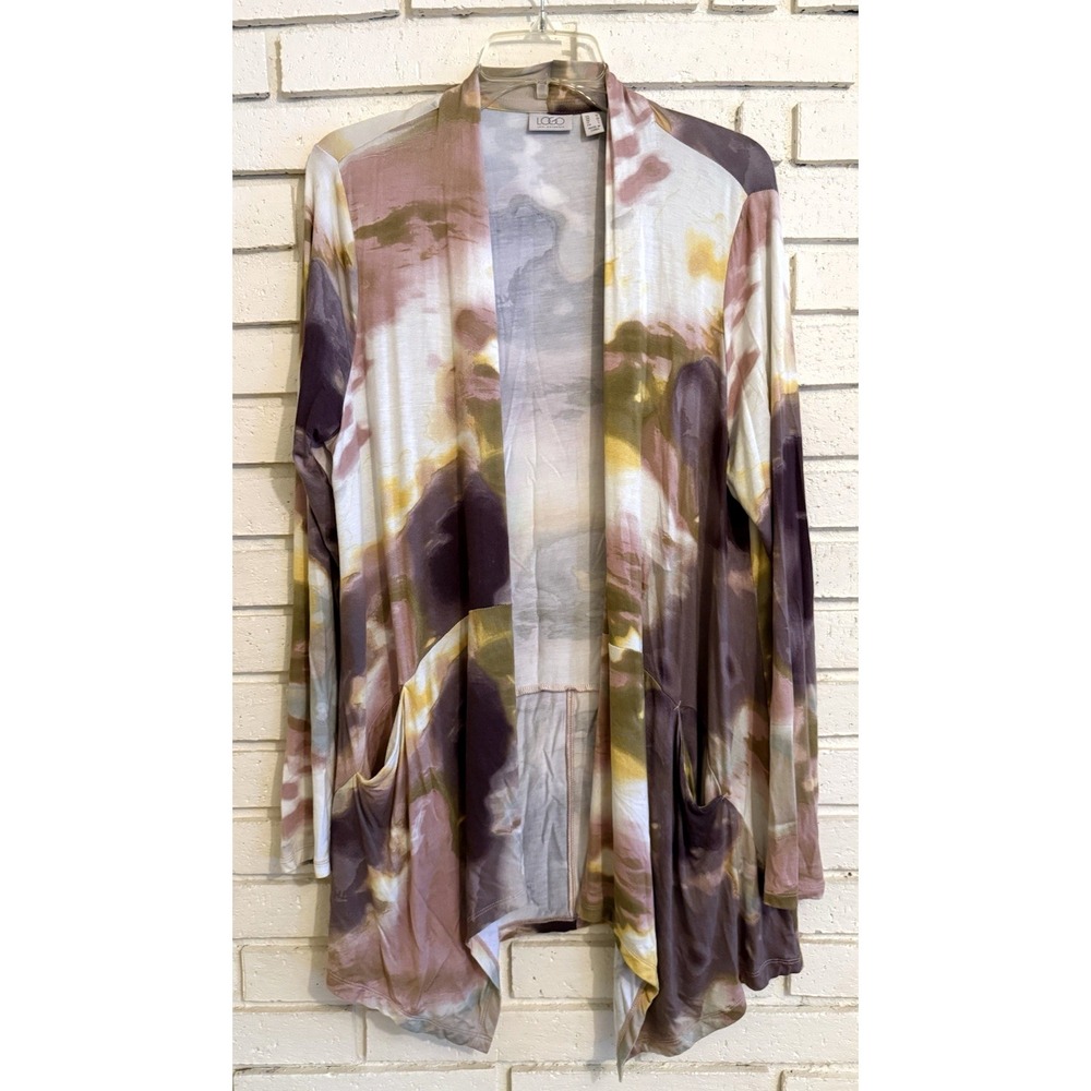 Logo by Lori Goldstein Open Cardigan Women Med. Artsy Beige Tie Dye‎ Pocket